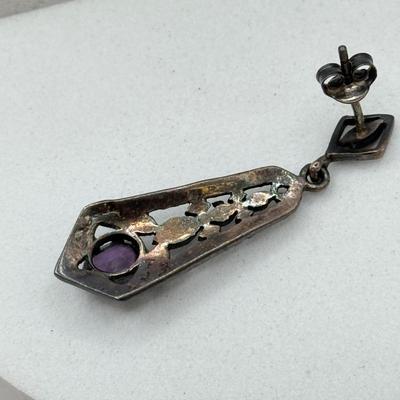 LOT 563J: Vintage Sterling Silver Marcasite & Amethyst Pierced Earrings & Size 4.5 Navajo Native American Turquoise Ring (5.0gtw)