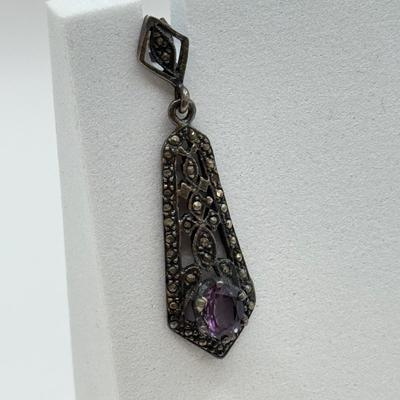 LOT 563J: Vintage Sterling Silver Marcasite & Amethyst Pierced Earrings & Size 4.5 Navajo Native American Turquoise Ring (5.0gtw)