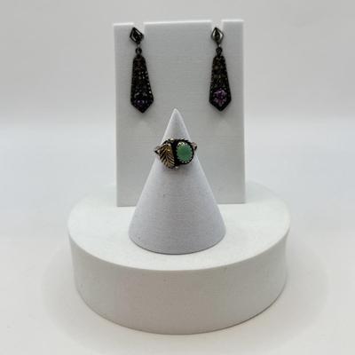 LOT 563J: Vintage Sterling Silver Marcasite & Amethyst Pierced Earrings & Size 4.5 Navajo Native American Turquoise Ring (5.0gtw)