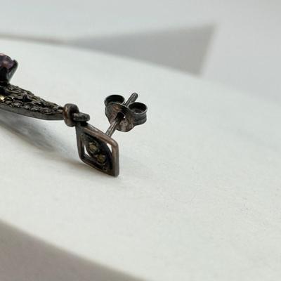 LOT 563J: Vintage Sterling Silver Marcasite & Amethyst Pierced Earrings & Size 4.5 Navajo Native American Turquoise Ring (5.0gtw)