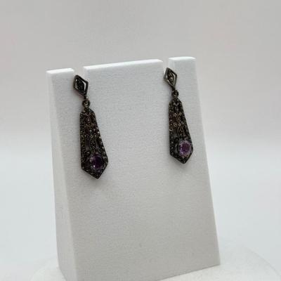 LOT 563J: Vintage Sterling Silver Marcasite & Amethyst Pierced Earrings & Size 4.5 Navajo Native American Turquoise Ring (5.0gtw)