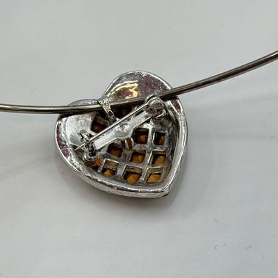 LOT 564J: Vintage Heart Foil Back Green Czech Glass & Rhinestone Heart Brooch/Pendant Necklace & Faceted Black & Clear Glass...