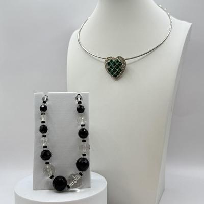 LOT 564J: Vintage Heart Foil Back Green Czech Glass & Rhinestone Heart Brooch/Pendant Necklace & Faceted Black & Clear Glass...