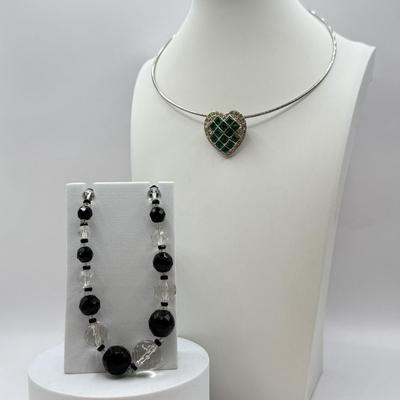 LOT 564J: Vintage Heart Foil Back Green Czech Glass & Rhinestone Heart Brooch/Pendant Necklace & Faceted Black & Clear Glass...