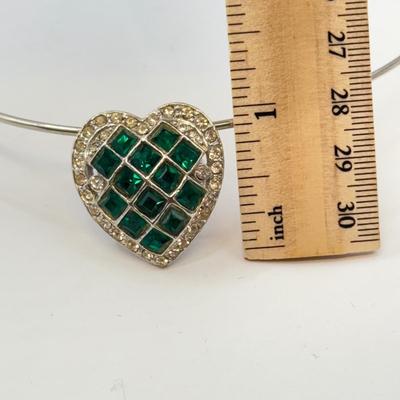 LOT 564J: Vintage Heart Foil Back Green Czech Glass & Rhinestone Heart Brooch/Pendant Necklace & Faceted Black & Clear Glass...
