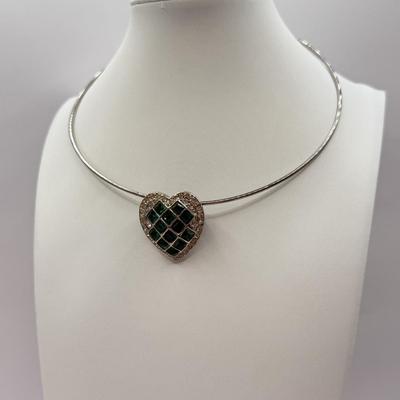 LOT 564J: Vintage Heart Foil Back Green Czech Glass & Rhinestone Heart Brooch/Pendant Necklace & Faceted Black & Clear Glass...