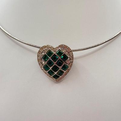 LOT 564J: Vintage Heart Foil Back Green Czech Glass & Rhinestone Heart Brooch/Pendant Necklace & Faceted Black & Clear Glass...
