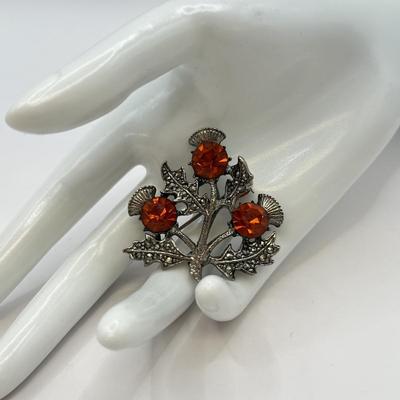 LOT 566J: Stunning Vintage Scottish Thistle Marcasite Brooch Signed Miracle