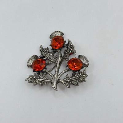 LOT 566J: Stunning Vintage Scottish Thistle Marcasite Brooch Signed Miracle