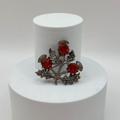 LOT 566J: Stunning Vintage Scottish Thistle Marcasite Brooch Signed Miracle