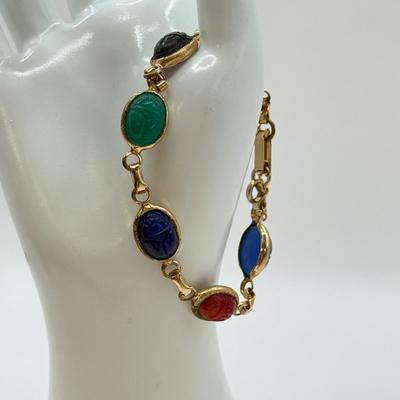 LOT 567J: Vintage Enamel Accordion Expandable Bracelet, Vintage Copper Cuff & 6.5” Goldtone Gemstone Scarab Bracelet w/ Safety Chain