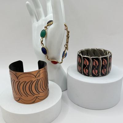 LOT 567J: Vintage Enamel Accordion Expandable Bracelet, Vintage Copper Cuff & 6.5” Goldtone Gemstone Scarab Bracelet w/ Safety Chain