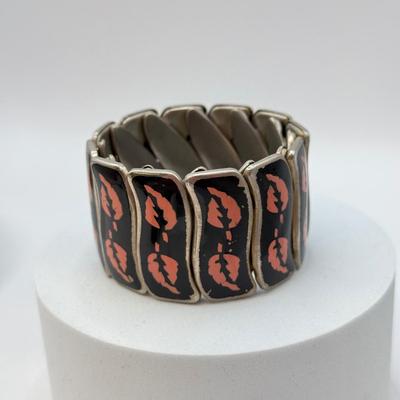 LOT 567J: Vintage Enamel Accordion Expandable Bracelet, Vintage Copper Cuff & 6.5” Goldtone Gemstone Scarab Bracelet w/ Safety Chain