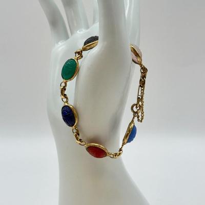 LOT 567J: Vintage Enamel Accordion Expandable Bracelet, Vintage Copper Cuff & 6.5” Goldtone Gemstone Scarab Bracelet w/ Safety Chain