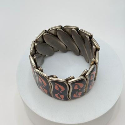 LOT 567J: Vintage Enamel Accordion Expandable Bracelet, Vintage Copper Cuff & 6.5” Goldtone Gemstone Scarab Bracelet w/ Safety Chain