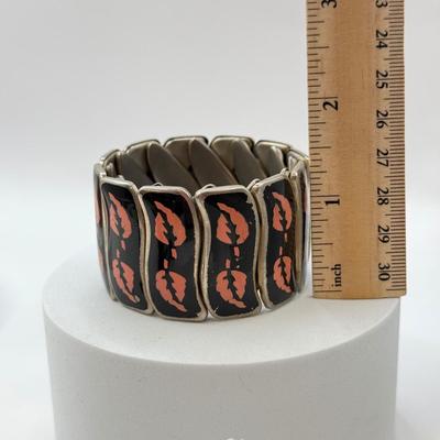 LOT 567J: Vintage Enamel Accordion Expandable Bracelet, Vintage Copper Cuff & 6.5” Goldtone Gemstone Scarab Bracelet w/ Safety Chain
