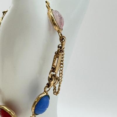 LOT 567J: Vintage Enamel Accordion Expandable Bracelet, Vintage Copper Cuff & 6.5” Goldtone Gemstone Scarab Bracelet w/ Safety Chain