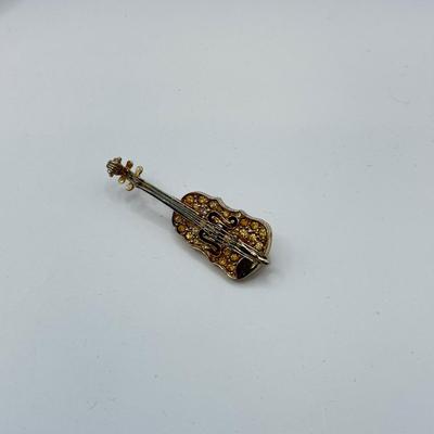 LOT 569J: 3 Mini Goldtone Enamel & Faux Pearl Butterfly Scatter Pins, Vintage Goldtone Pave Crystal Violin Brooch & Circle Leaf...