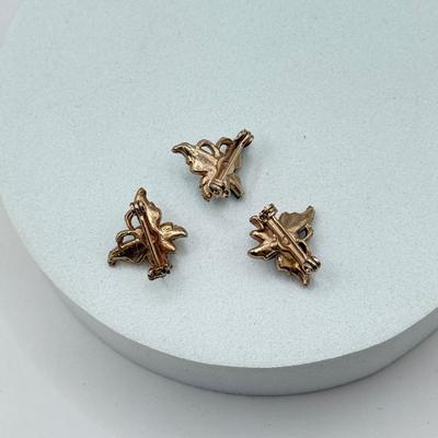 LOT 569J: 3 Mini Goldtone Enamel & Faux Pearl Butterfly Scatter Pins, Vintage Goldtone Pave Crystal Violin Brooch & Circle Leaf...