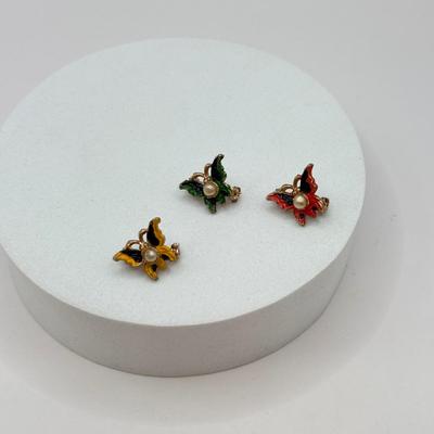 LOT 569J: 3 Mini Goldtone Enamel & Faux Pearl Butterfly Scatter Pins, Vintage Goldtone Pave Crystal Violin Brooch & Circle Leaf...