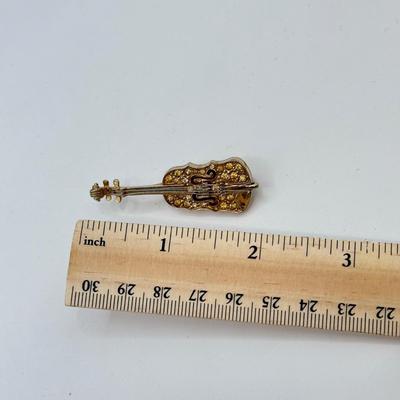 LOT 569J: 3 Mini Goldtone Enamel & Faux Pearl Butterfly Scatter Pins, Vintage Goldtone Pave Crystal Violin Brooch & Circle Leaf...
