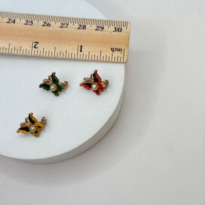 LOT 569J: 3 Mini Goldtone Enamel & Faux Pearl Butterfly Scatter Pins, Vintage Goldtone Pave Crystal Violin Brooch & Circle Leaf...