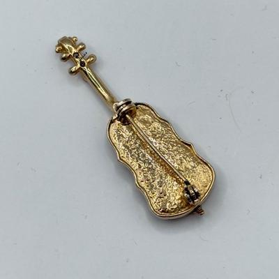 LOT 569J: 3 Mini Goldtone Enamel & Faux Pearl Butterfly Scatter Pins, Vintage Goldtone Pave Crystal Violin Brooch & Circle Leaf...