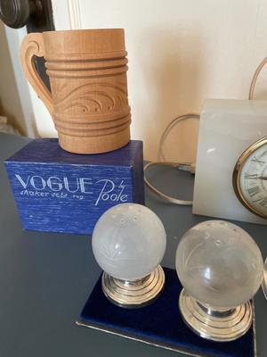 Marble clock, Vogue salt and pepper, shakers and miscellaneous de