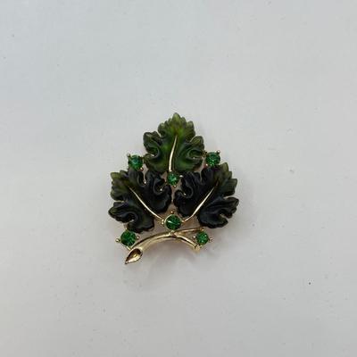 LOT 582J: Vintage Glass Bead Trembler Brooch & Lisner Molded Green Jelly Lucite & Rhinestone “Glowing Maple Leaf” Brooch
