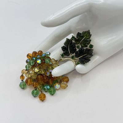 LOT 582J: Vintage Glass Bead Trembler Brooch & Lisner Molded Green Jelly Lucite & Rhinestone “Glowing Maple Leaf” Brooch