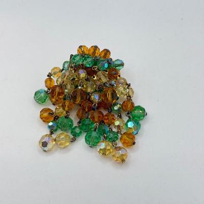 LOT 582J: Vintage Glass Bead Trembler Brooch & Lisner Molded Green Jelly Lucite & Rhinestone “Glowing Maple Leaf” Brooch