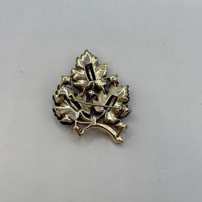 LOT 582J: Vintage Glass Bead Trembler Brooch & Lisner Molded Green Jelly Lucite & Rhinestone “Glowing Maple Leaf” Brooch