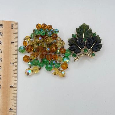 LOT 582J: Vintage Glass Bead Trembler Brooch & Lisner Molded Green Jelly Lucite & Rhinestone “Glowing Maple Leaf” Brooch