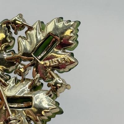 LOT 582J: Vintage Glass Bead Trembler Brooch & Lisner Molded Green Jelly Lucite & Rhinestone “Glowing Maple Leaf” Brooch