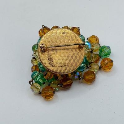 LOT 582J: Vintage Glass Bead Trembler Brooch & Lisner Molded Green Jelly Lucite & Rhinestone “Glowing Maple Leaf” Brooch