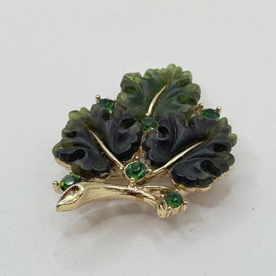 LOT 582J: Vintage Glass Bead Trembler Brooch & Lisner Molded Green Jelly Lucite & Rhinestone “Glowing Maple Leaf” Brooch