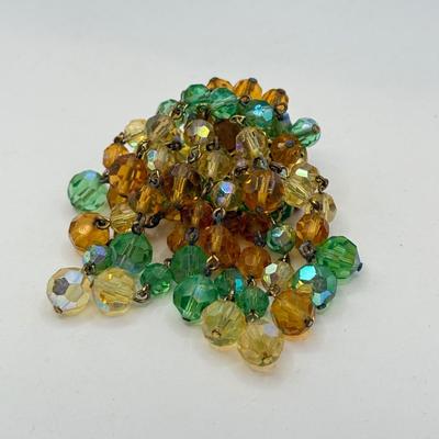 LOT 582J: Vintage Glass Bead Trembler Brooch & Lisner Molded Green Jelly Lucite & Rhinestone “Glowing Maple Leaf” Brooch