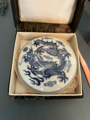 Marble Asian stamps, trinket box, wood sculpture & metal bear sculpture