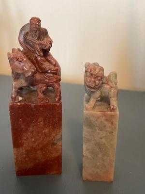 Marble Asian stamps, trinket box, wood sculpture & metal bear sculpture