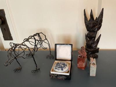Marble Asian stamps, trinket box, wood sculpture & metal bear sculpture