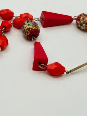 LOT 581J: RED Collection: Vintage Murano Wedding Cake & Faceted Glass Bead Necklace, Red Hinged Bangle Bracelet w/ Safety Chain &...
