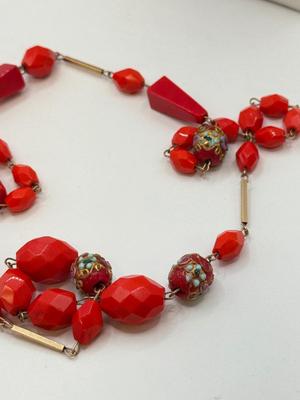LOT 581J: RED Collection: Vintage Murano Wedding Cake & Faceted Glass Bead Necklace, Red Hinged Bangle Bracelet w/ Safety Chain &...