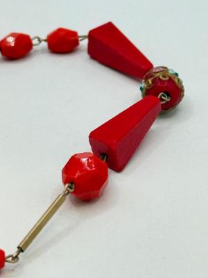 LOT 581J: RED Collection: Vintage Murano Wedding Cake & Faceted Glass Bead Necklace, Red Hinged Bangle Bracelet w/ Safety Chain &...