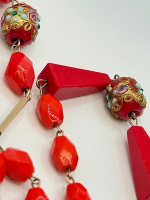 LOT 581J: RED Collection: Vintage Murano Wedding Cake & Faceted Glass Bead Necklace, Red Hinged Bangle Bracelet w/ Safety Chain &...