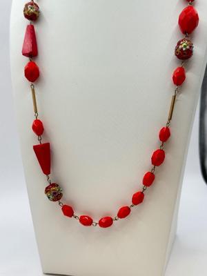 LOT 581J: RED Collection: Vintage Murano Wedding Cake & Faceted Glass Bead Necklace, Red Hinged Bangle Bracelet w/ Safety Chain &...