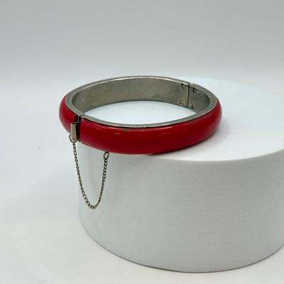 LOT 581J: RED Collection: Vintage Murano Wedding Cake & Faceted Glass Bead Necklace, Red Hinged Bangle Bracelet w/ Safety Chain &...