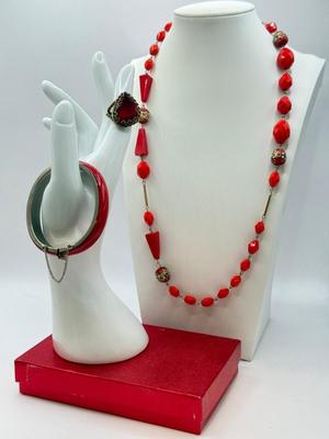 LOT 581J: RED Collection: Vintage Murano Wedding Cake & Faceted Glass Bead Necklace, Red Hinged Bangle Bracelet w/ Safety Chain &...