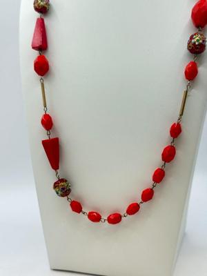 LOT 581J: RED Collection: Vintage Murano Wedding Cake & Faceted Glass Bead Necklace, Red Hinged Bangle Bracelet w/ Safety Chain &...