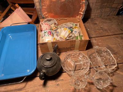 Variety of glass & China with enamel pan