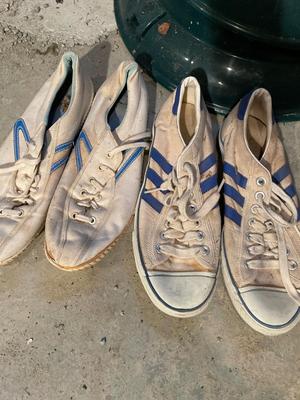 Vintage tennis shoes, Christmas, and apple crate